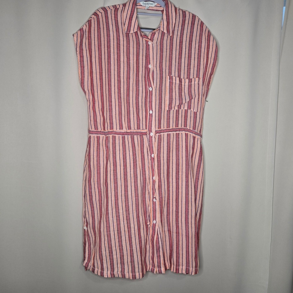 Davi & Dani Women's Large Striped Button Down Casual Dress Short‎ Sleeve Orange